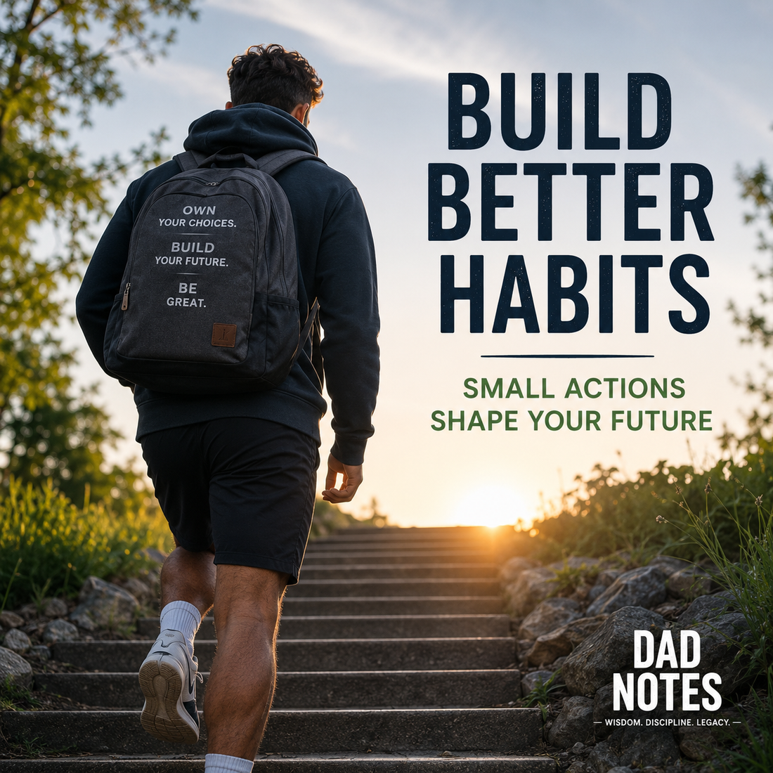 Person climbing outdoor steps, illustrating how small consistent actions build better habits and shape the future