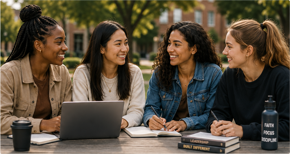 Four diverse young women collaborating outdoors, illustrating humble confidence through listening, preparation, and leadership