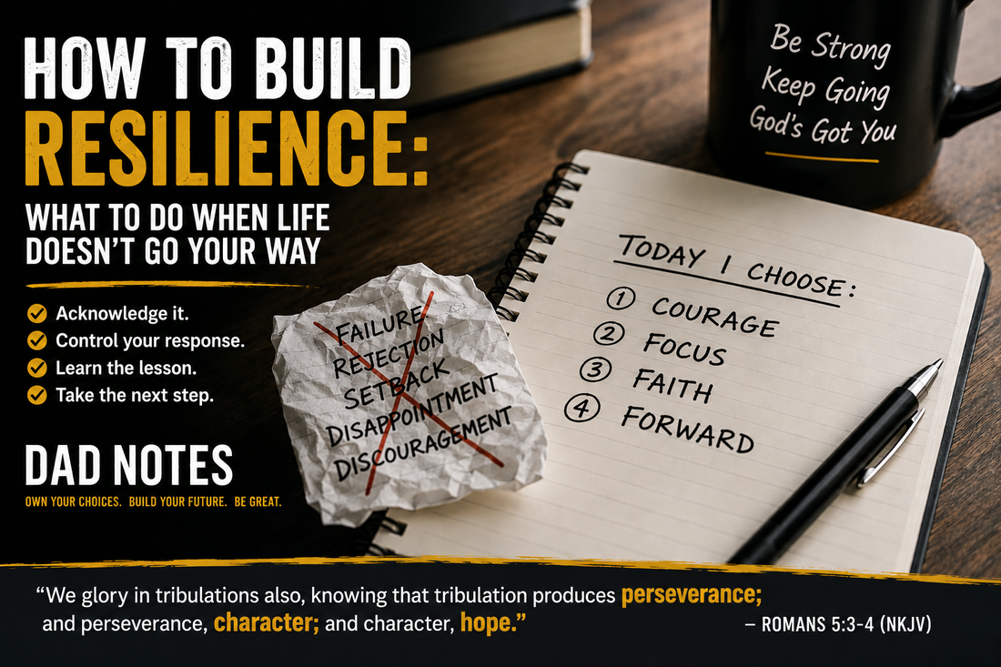 Dad Notes resilience framework showing how to respond to setbacks with courage, focus, faith, and forward action