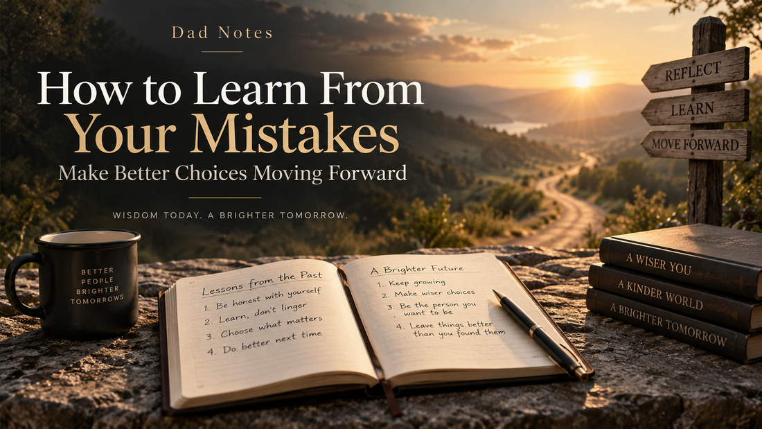 Dad Notes featured image for How to Learn From Your Mistakes and Make Better Choices, showing a journal, a road forward, and timeless wisdom about learning from the past.