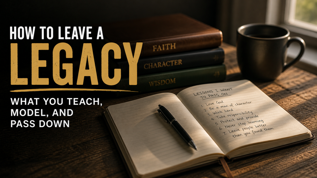 How to Leave a Legacy: What You Teach, Model, and Pass Down. An open notebook with lessons to pass on beside books representing faith, character, and wisdom.