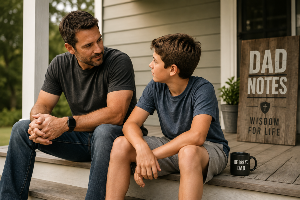 Father talking with his son on a porch for Dad Notes article about raising a son to become a good man