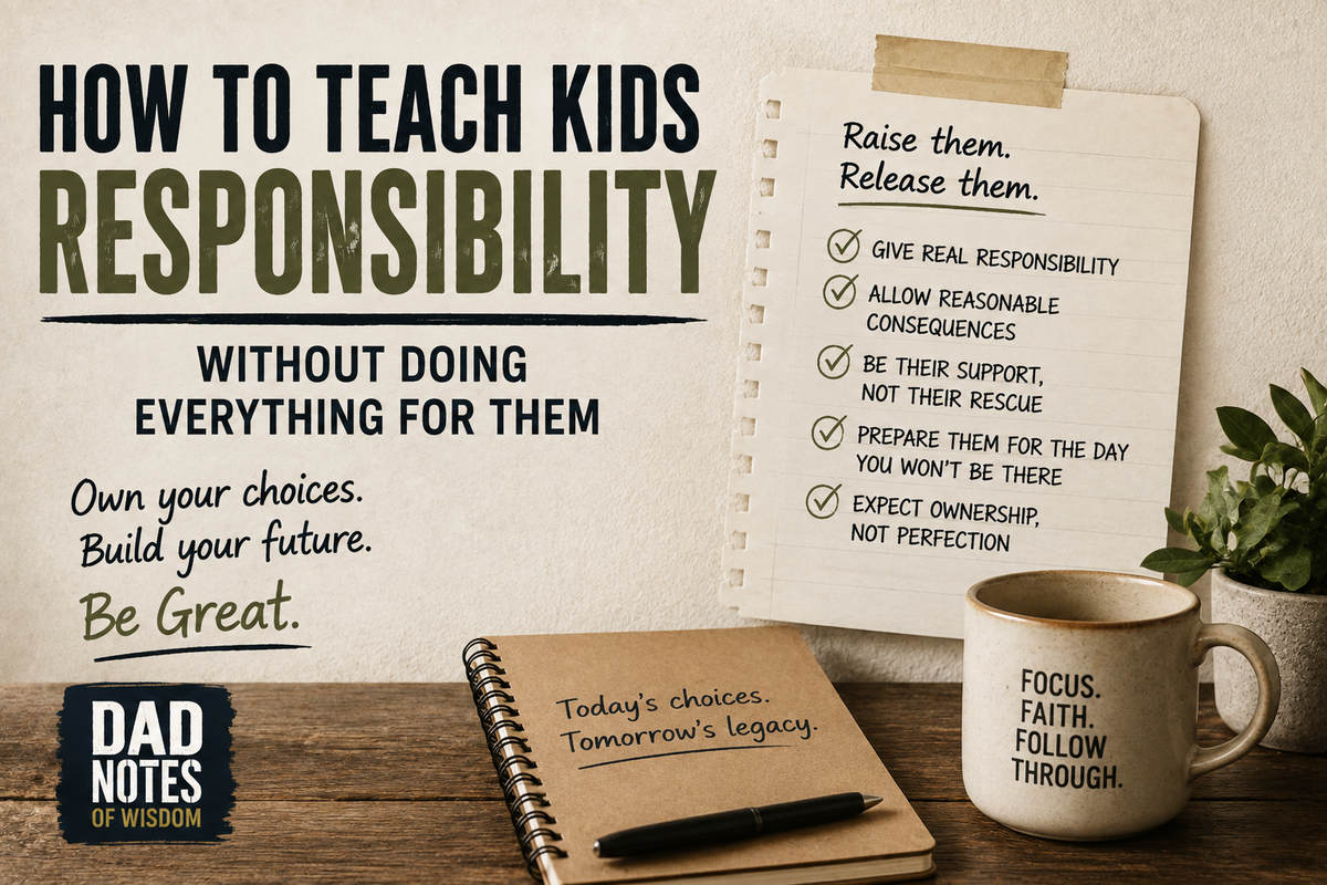 Dad Notes illustration about teaching kids responsibility by supporting them without rescuing them from consequences
